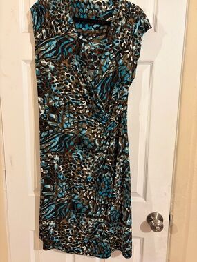 Alfani Blue and Brown Animal-Print Wrap Midi Dress